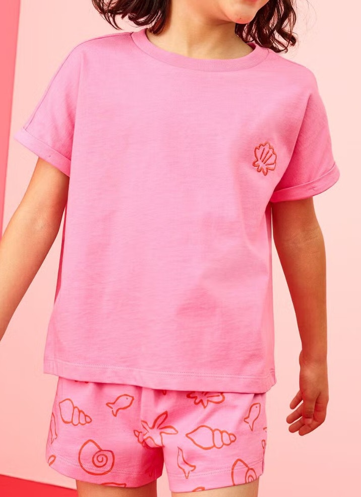 New Hanna Andersson Pink Seashell Embroidered T-Shirt & Shorts Set Girls 4t